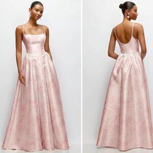 Dessy Group | Scoop Neck Drop Basque Skirt Floral Satin Maxi Dress with Pockets